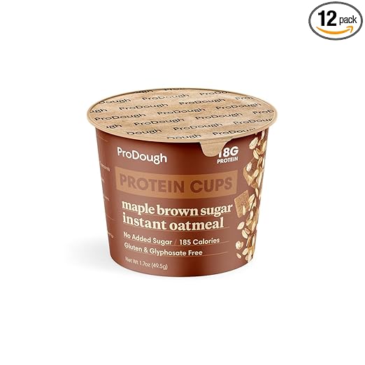 ProDough High Protein Instant Oatmeal Cup, 18g of Protein per Serving, No Added Sugars, Low Carb, Healthy Breakfast Cup, Incredible Taste (12pk, Maple & Brown Sugar)