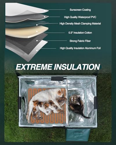 Image of Outdoor Heated Cat House in Winter,Extremely Insulated & Weatherproof,Elevated Feral Cat Shelter with Waterproof Eaves & Escape Door for Outside Stray Barn Cat (Dark Green,S.)
