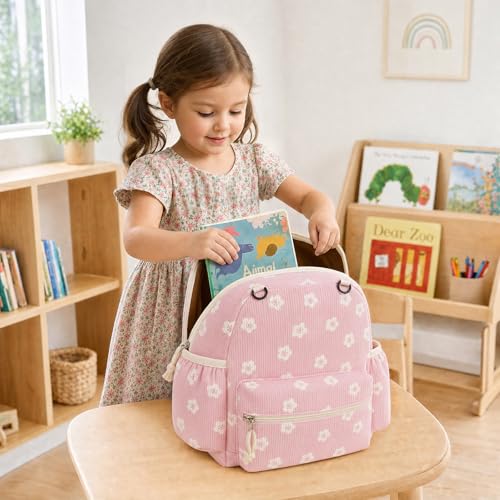 Image of Corduroy Toddler Backpack for Boys & Girls, Kids Backpacks | Small Kids Bookbag for School, 2-4 Preschool Kindergarten Backpack, Toddler Daycare Backpack - Flower-Pink