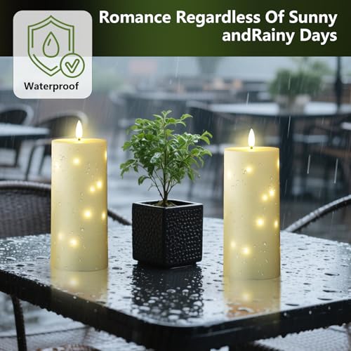Image of kakoya 10 inch x 4 inch Large Outdoor Waterproof Flickering Flameless Candles with Timer,2Pcs Battery Operated LED Pillar Candles with Embedded Star String for Outdoor Lanterns,Porch,Patio Decor(Ivory)