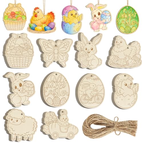 50 décorations d'œufs de Pâques en bois pour les activités manuelles des enfants, kits de bricolage à peindre : lapins, poules et fleurs, décorations en...