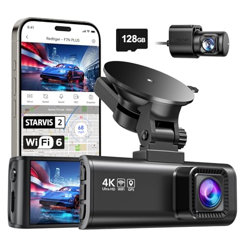 REDTIGER 4K Dashcam Voiture,STARVIS 2,Écran IPS 3,18 Pouces,Carte 128 Go Incluse, WiFi 5,8 GHz,GPS,Vision Nocturne,Grand Angle 170° WDR,Moniteur de Stationnement,Prend en Charge Jusqu'à 256 Go (F7NP)