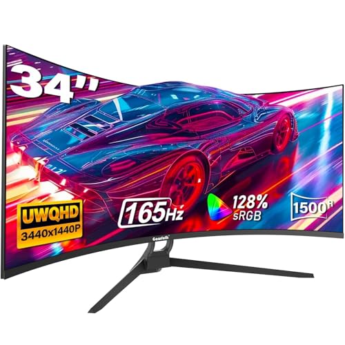 Gawfolk Gaming Curved Monitor 34 Zoll 165Hz, 1500R Ultrawide PC Bildschirm UWQHD 3440x1440P, Gebogenes Computerbildschirm, VA, Displayport, HDMI, VESA 75 * 75mm