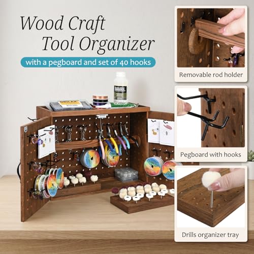 Image of Ikee Design 40Hooks Bur Holders Wood Jewelry Craft Pegboard Tool Organizer | JEWELRY TOOL STORAGE: Wooden pegboard cabinet includes doors, 40 hooks and bur holders for wall or tabletop use.