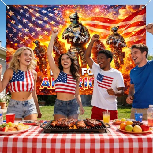 Image of IVN Patriotic Soldier Backdrop Banner 71 x 43 Inch 4th of July Veterans Day Memorial Day Party Decorations Supplies Independence Day Themed America Photo Booth Backdrop Banner