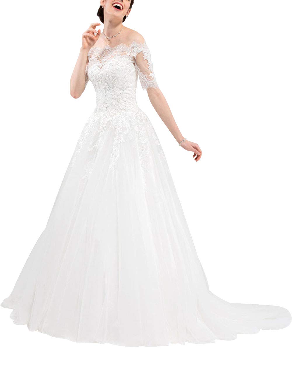 Abito da Sposa A-Line Civil Beach Brew Moda con Maniche, Bianco, 42