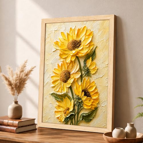 Image of PAINTINGMANTRA Textured Embossed Floral Framed Wall Art Painting for wall decoration, Abstract Vibrant Yellow Sunflower Motifs Poster with frame for living room, bedroom, office and Home, 10x13 Inch
