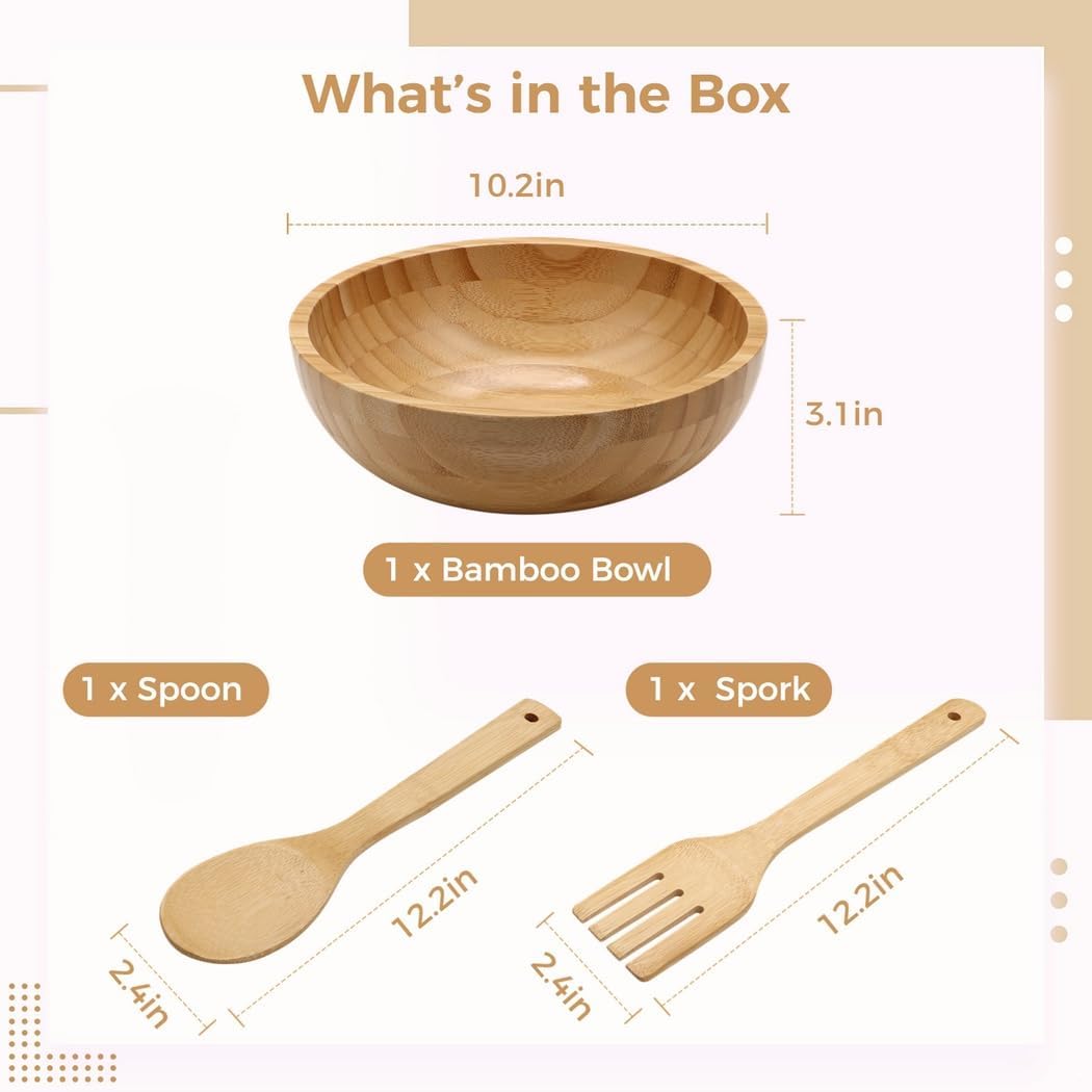 Ensaladera de bambú de 10 pulgadas con 2 utensilios, cuenco grande de madera para mezclar, utensilios de cocina ecológicos, ideal para ensaladas, frutas y mucho más