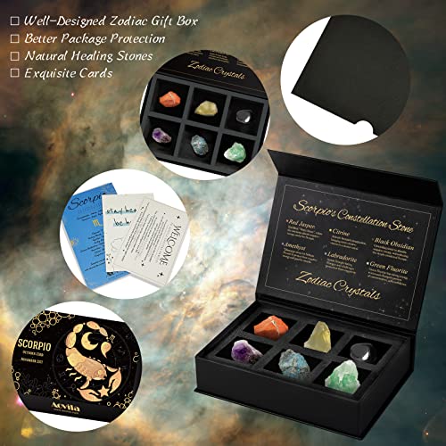 Image of Scorpio Crystals Gift Set, Zodiac Signs Healing Crystals Birthstones with Horoscope Box Set Scorpio Astrology Crystals Healing Stones Gifts