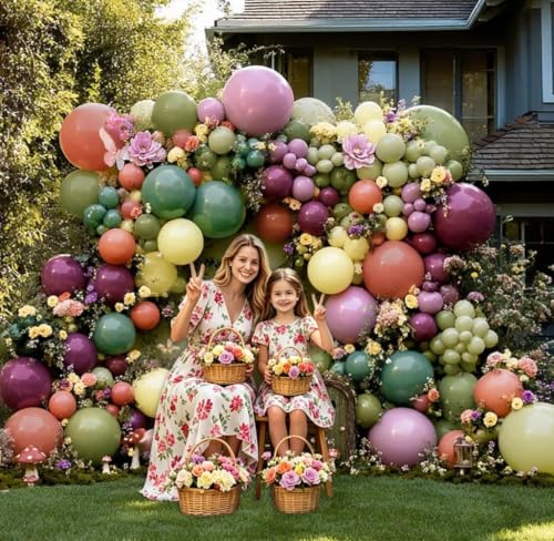 Image of Dusty Pink Green Yellow Balloon Garland - Double Stuffed Sage Olive Green Mauve Matte Pastel Plum Balloon Arch Kit for Baby Shower Birthday Floral Enchanted Forest Fairy Princess Fall Party Decoration
