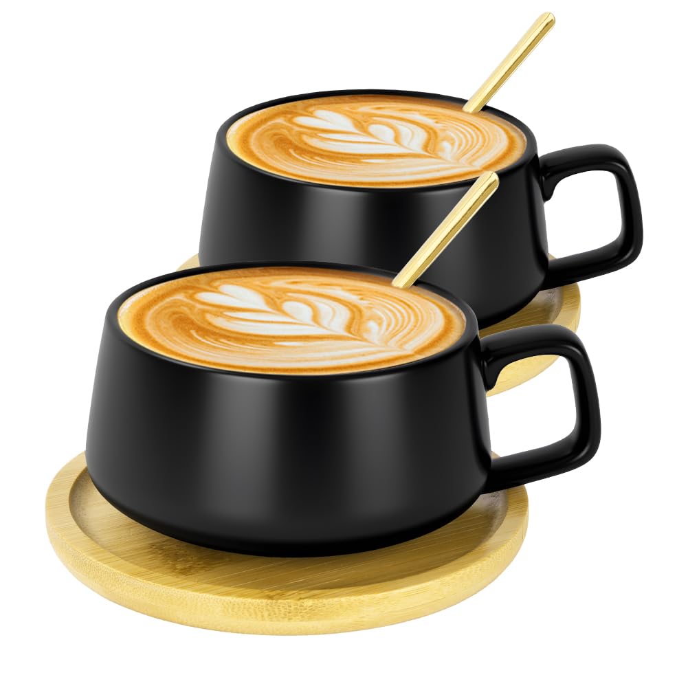 Cappuccino Tassen mit Unterteller,2 Stück Espressotassen,320ml Kaffeetassen aus Steingut,Dickwandige Kaffeebecher,Cappuccinotassen Set für Tee,Espresso,Cappuccino und Latte (Schwarz)