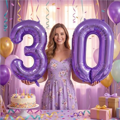 Image of Number Balloons for Birthday Decorations - 40 Inch Large Party Balloons 30, Purple Foil Number Balloons for Boys Girls, Balloons for Party Supplies