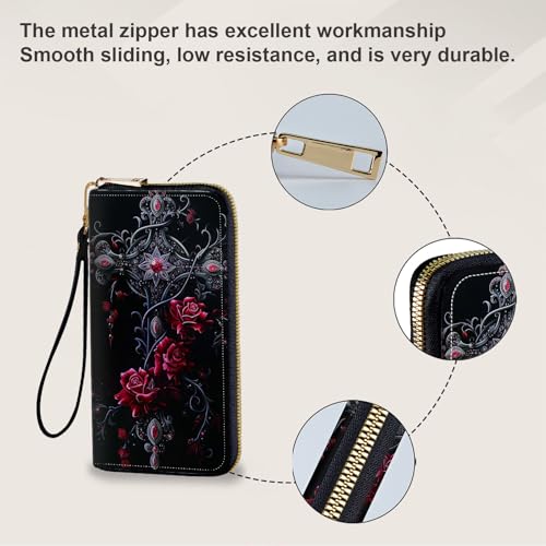 Women's Card Holder Wristlet Wallet, Convenient Travel Long Wallet with Strap and Pink Compact Mirror, Fashion and Sturdy Wristlet Long Purse for Women, Rose Art Cross4