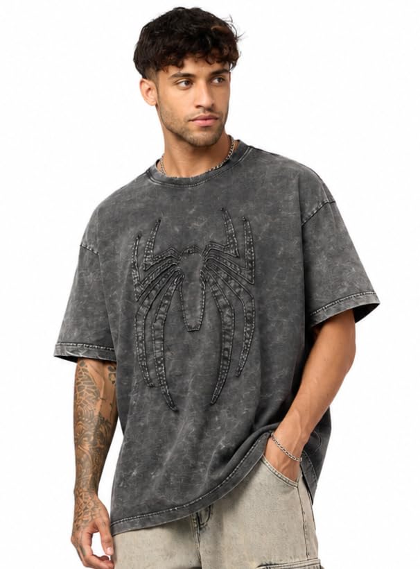 Official Spider-Man: Midnight Men and Boys Short Sleeve Round Neck Grey Textured Cotton Oversized T-Shirts-image-47
