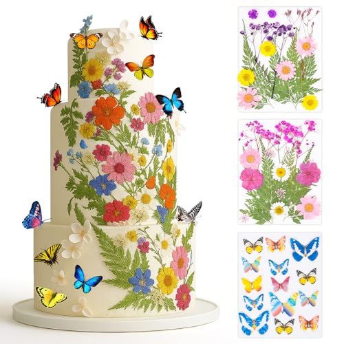 Rylenor 50 Pcs 10 Kinds Real Natural Edible Wildflower Cake Toppers & Edible Butterflies Wedding Cake Toppers, Edible Cake Decorations for Birthday, Cake Decorating Kit for Wedding,