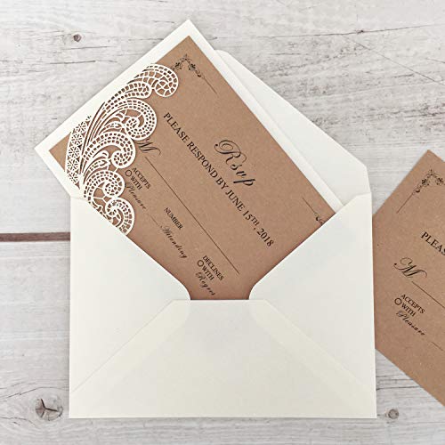 Picky Bride 50 Pcs Rustic RSVP Cards with Return Envelopes, Wedding Invitations Response Cards for Wedding, Ivory Pearl Laser Cutting Lace Covers with Blank RSVP Cards - Set of 50 - Thumbnail 3
