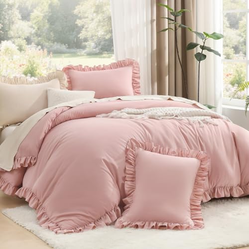 Litanika Full Size Comforter Sets, 3 Pieces Blush Pink Ruffle Girls Women Cute Bedding Comforters & Sets, Lightweight Fluffy Microfiber as Gift (79x90In Comforter & 2 Pillowcases)