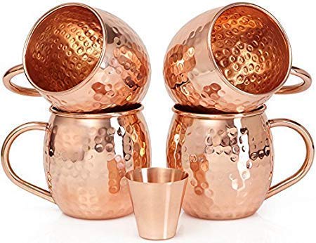 Fashion Passion India Handmade 100% Pure Copper Hammered Moscow Mule Mugs (Set of 4) with 1 Shot Glass.