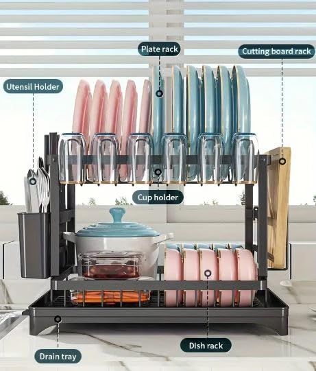 Image of Cloyster Dish Drying Rack with Drainboard, Dish Racks for Kitchen Counter, Dish Drainer Set with Utensils Holder, Large Capacity Dish Strainers Drying Rack (RACK-304)