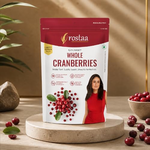 Image of Rostaa Gourmet Whole Cranberries | Premium Dried Cranberrie Rich in Antioxidants, Fiber & Vitamin C | Supports Immunity, Digestion & Heart Health | Naturally Sweet & Tangy Healthy Snack | 200g, Pack of 3 (600 GM, Whole Cranberrie )