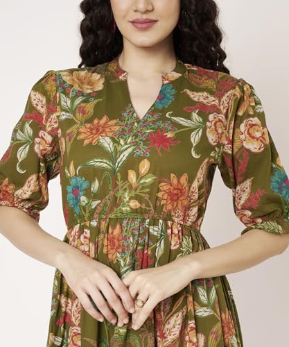 Image of PIDAVLIYA'S Women's Cotton Floral Printed Midi Dress | V-Neck Fit & Flare Dress with Puff Sleeves | Casual Summer Wear