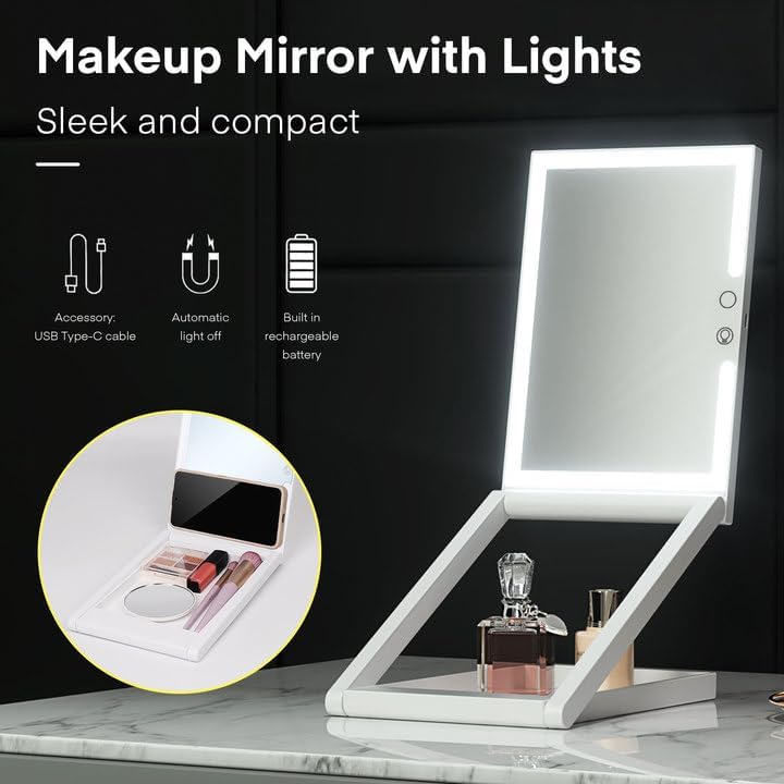 Miniatura 6 de Espejo de maquillaje con luces, espejo de maquillaje iluminado con aumento de 10X, espejo de viaje plegable, espejo de altura ajustable, iluminación