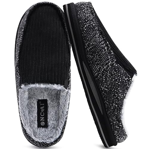 Image of ONCAI Mens Clog Slippers with Arch Support Stripe Faux Fur Cotton-Blend High-Density Memory Foam Warm House Slippers Slip-on Indoor Outdoor Rubber Sole Size 7-16