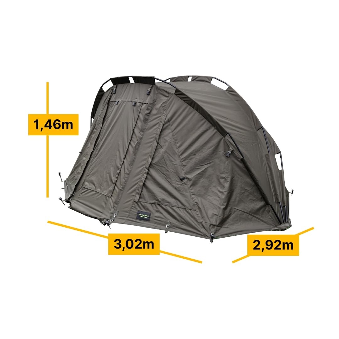 MK-Angelsport Karpfenzelt und 2 × 8-Bein-Karpfenliegen (Tragkraft 140kg) mit Gummihammer, Traumpaket, Set – 5 Seasons 2 Mann Dome (302 cm × 272 cm × 146 cm), Set, Outdoor, Camping