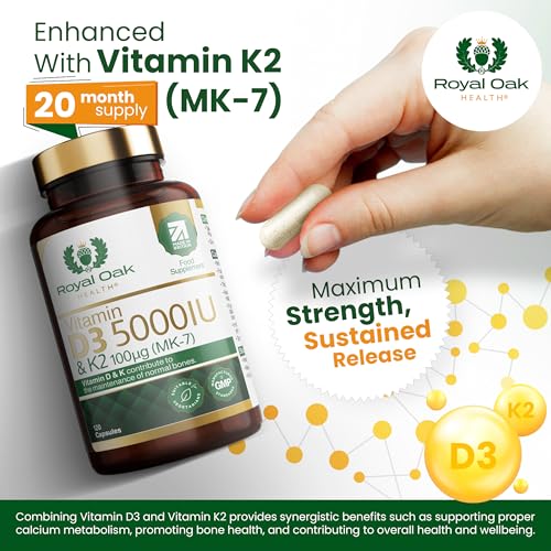 Vitamin D3 5000 IU & Vitamin K2 100mcg (MK-7) x120 Capsules, 4 Month Supply - High Strength Vitamin D & K2 Supplement for Men & Women, Made in The UK by Royal Oak Health - 5