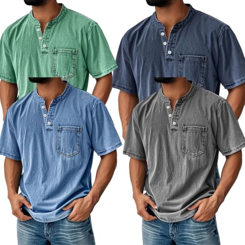 Mokaloha Mens Shirts, Men's Retro Stand Collar Casual Pocket Solid Color Short Sleeve Henley Shirt3