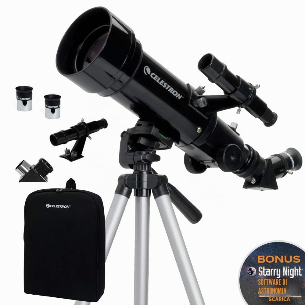 Celestron 21035-ADS Kit telescopio rifrattore da viaggio Scope 70 con zaino, nero (esclusiva Amazon con oculare aggiuntivo da 4 mm e lente di Barlow 3x)