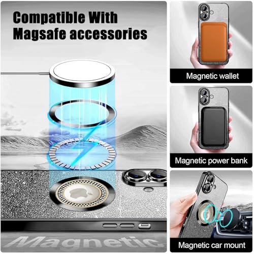 Image of Misscase for iPhone 16 Magnetic Glitter Case Compatible with MagSafe,Full Protection Slim Shockproof Anti-Scratch Case with Camera Lens Protector Logo View Dust-Proof Net for Women Black