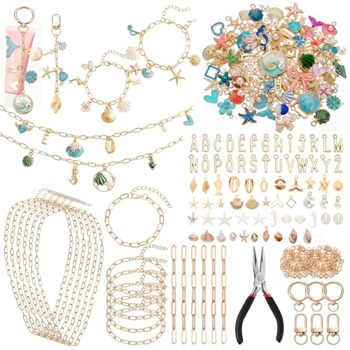Tudomro 440 Pcs Charms Lip Gloss Keychain Making Kit Necklace Bracelets Kit Gold Paperclip Chain DIY Supplies with Charms Keychain Hooks Jump Rings Lobster Clasps for Women Gifts (Ocean)