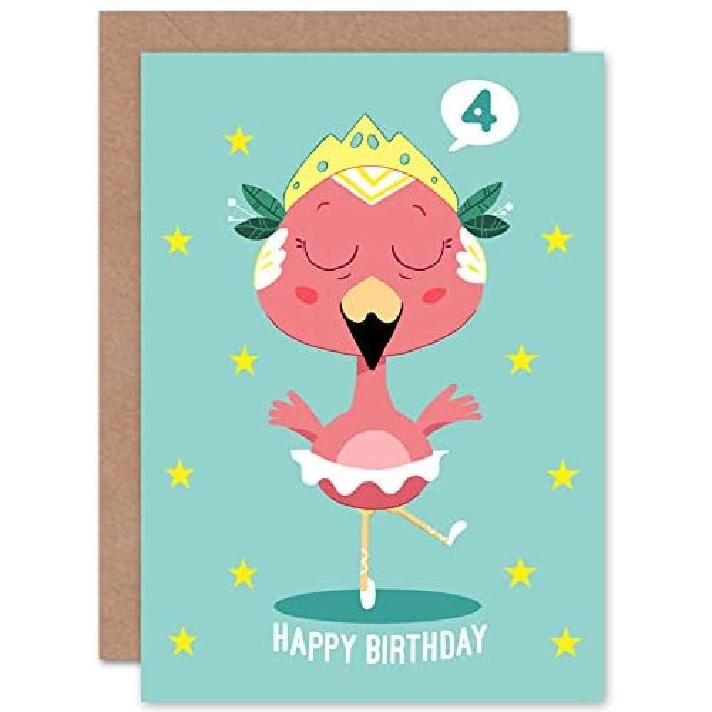 Wee Blue Coo Kawaii Flamingo Ballet 4th Birthday Greeting Card With Envelope Blank Inside Premium Quality