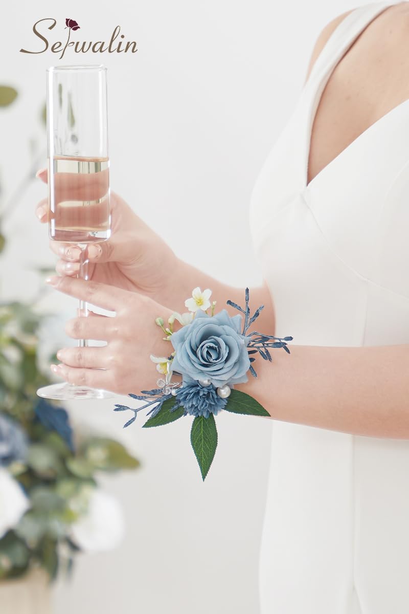 Serwalin Corsage and Boutonniere Set, Boutonniere and Wrist Corsage Wristlet Prom Homecoming Wedding Flowers Accessories Prom Suit Decorations (Blue & Dusty Blue) - Image 8