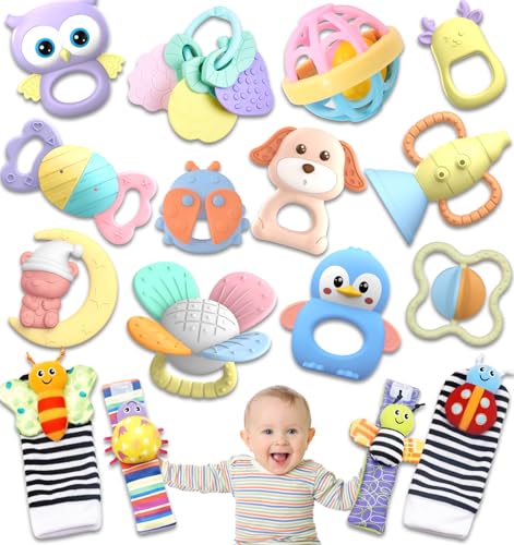 Image of AZEN 16 Pack Baby Rattles Teething Toys 3-6 Months, Baby Toys 0-6 Months, Newborn Infant Toys 6-12 Months, Essentials Must Haves Wrist Socks Toddler Stocking Stuffers Christmas Gifts (Pink)