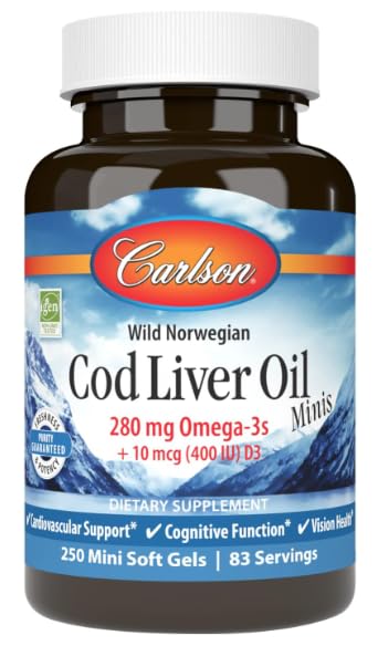 Carlson's Lab Cod Liver Oil Minis, 280 mg Omega-3s + Vitamins A & D3, Heart Support & Cognitive Function, Vision Health, 250 Mini Soft Gels