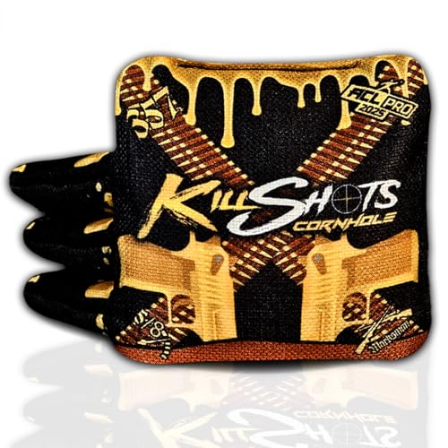 Killshots Cornhole | 357 Series | Limited Edition | 2024 ACL Pro Certified Cornhole Bags | Premium Quality | Dual-Speed | Durable & Weather Resistant | Set of 4 Bags (Gold Pistols)