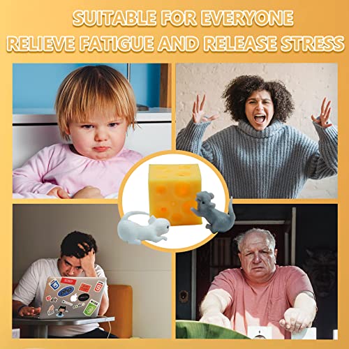 Image of Stretchy Cheese and Mice Toy , 2 Squishable Mouse and Cheese Block Toys, 2 Cute mice and a Cheese Toy，Squeeze Food and Animal Toys,Stress Busting Fidget Toy.