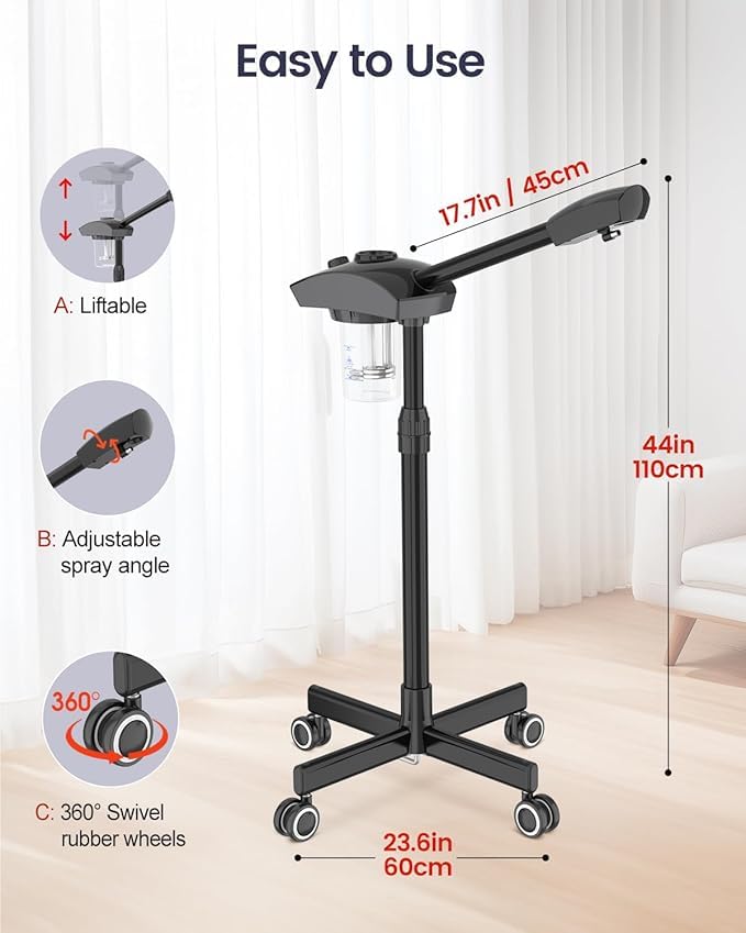 Image of Professional Facial Steamer, Ozone Face Steamer For Facial, Stand Facial Steamer Adjustable Height For Spa, Salon And At Home Use(Black)