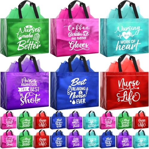 Tellingyou 24 Pieces Nurse Appreciation Gift Bags 13 x 5 x 11 Inch Nurses Week Gifts Bags with Tissues Reusable Thank You Doctor Worker Medical Healthcare Party Supplies for Graduation