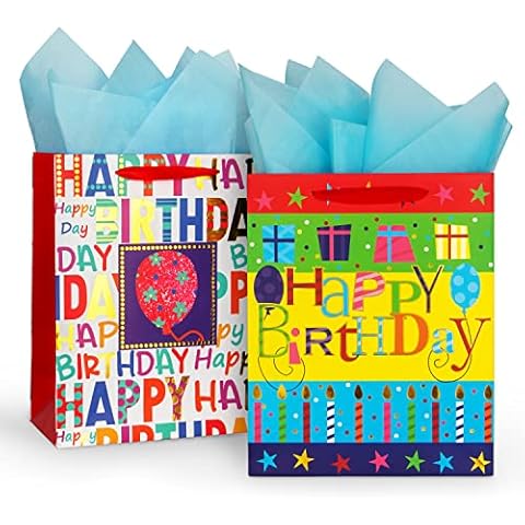 2-Pack 12.6" Large Happy Birthday Gift Bags for Birthday Party with Tissue Paper Cover