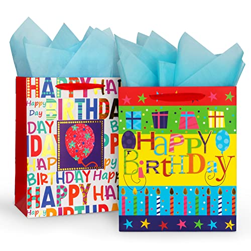 2-Pack 12.6 Large Happy Birthday Gift Bags for Birthday Party with Tissue Paper