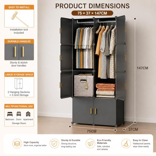 Image of Sunderlook Plastic Wardrobe for Kids Clothes - Professional Collapsible Wardrobe, Easy to Use Foldable Almirah, Plastic Cupboard for Kids for Home (Black-HL3, 8 Door)