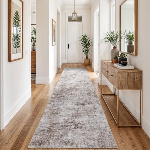 3x10 Washable Hallway Runner Rug – Abstract Non-Slip Mat with Rubber Backing Indoor Modern Runner Rugs Low-Pile Soft Carpet for Kitchen, Bedroom, Entryway, Hardwood (Brick Gray, 3x10)