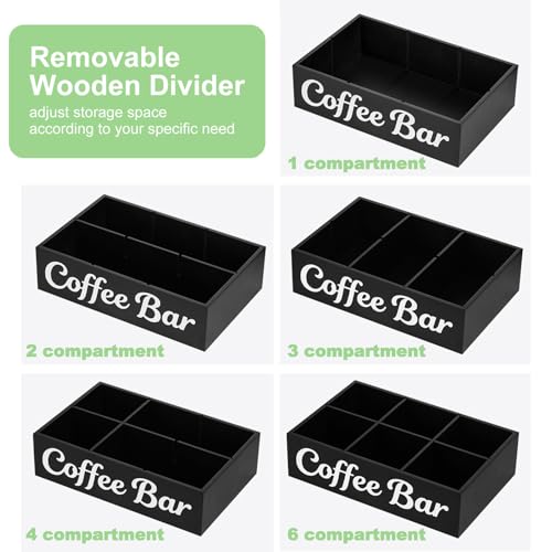 Image of Coffee Station Organizer, 6 Compartment Wood Countertop Coffee Accessories Organizer with Removable Dividers for Condiment Cups Lids Pods Syrups, Farmhouse Bar Decor