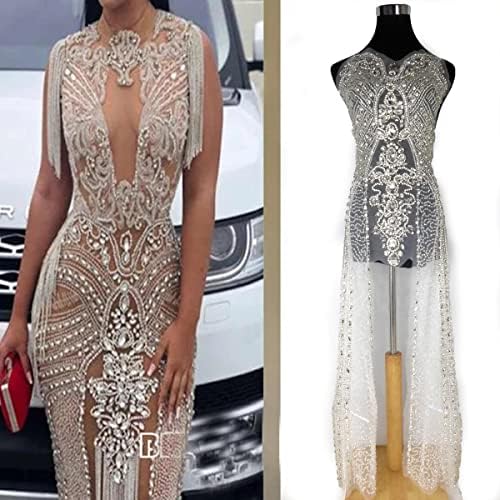 Labellezalay Long Rhinestone Bodice Applique Patch,Large Size for Full Body 45.2" * 13.8" Decorate Prom Bridal Dance Dress Applique, Gold Silver Rich Beaded for DIY Dress Applique (Silver-B)