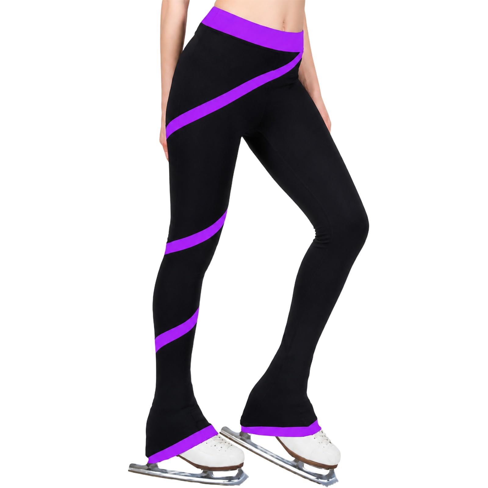 Pantaloni Pattinaggio Donna Teen Banda Spirale Bootcut | Maglia elasticizzata, vita ampia e fondo sopra pattino aiutano movimenti fluidi in prova, pista e studio.