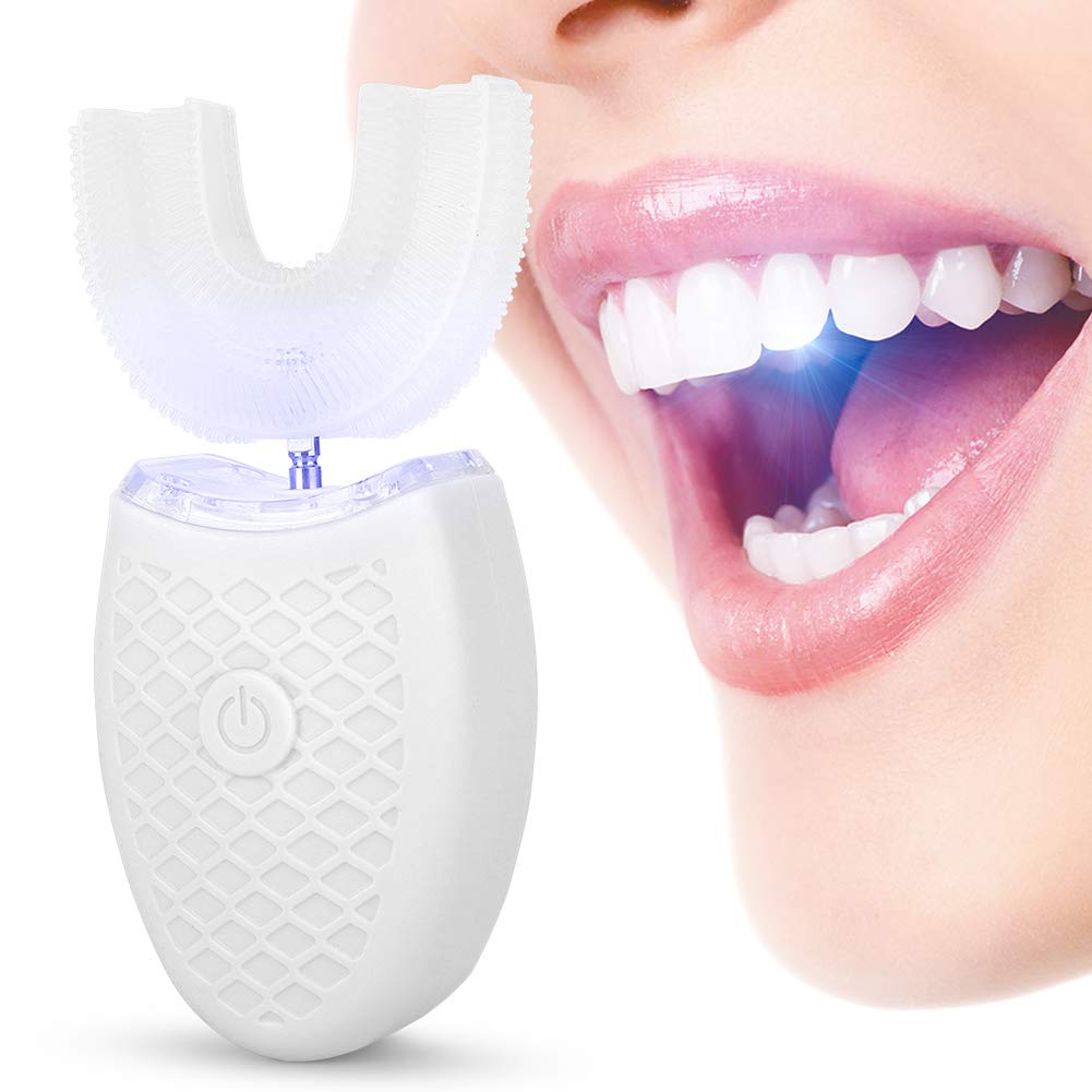 Spazzolino denti sonico elettrico adulto a forma di U spazzolino denti per la pulizia automatica, carica spazzolino denti sbiancante Blu-ray elettrico(bianco)
