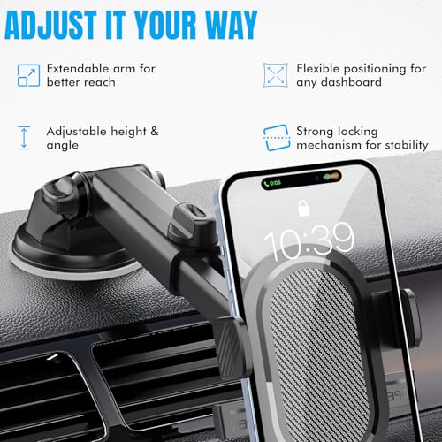Image of One7 Car Phone Holder with Suction Cup | Adjustable Dashboard & Windshield Holder | One-Hand Operation Gravity Trigger | 360 Rotation + Extendable Arm | Fits Most Smartphones